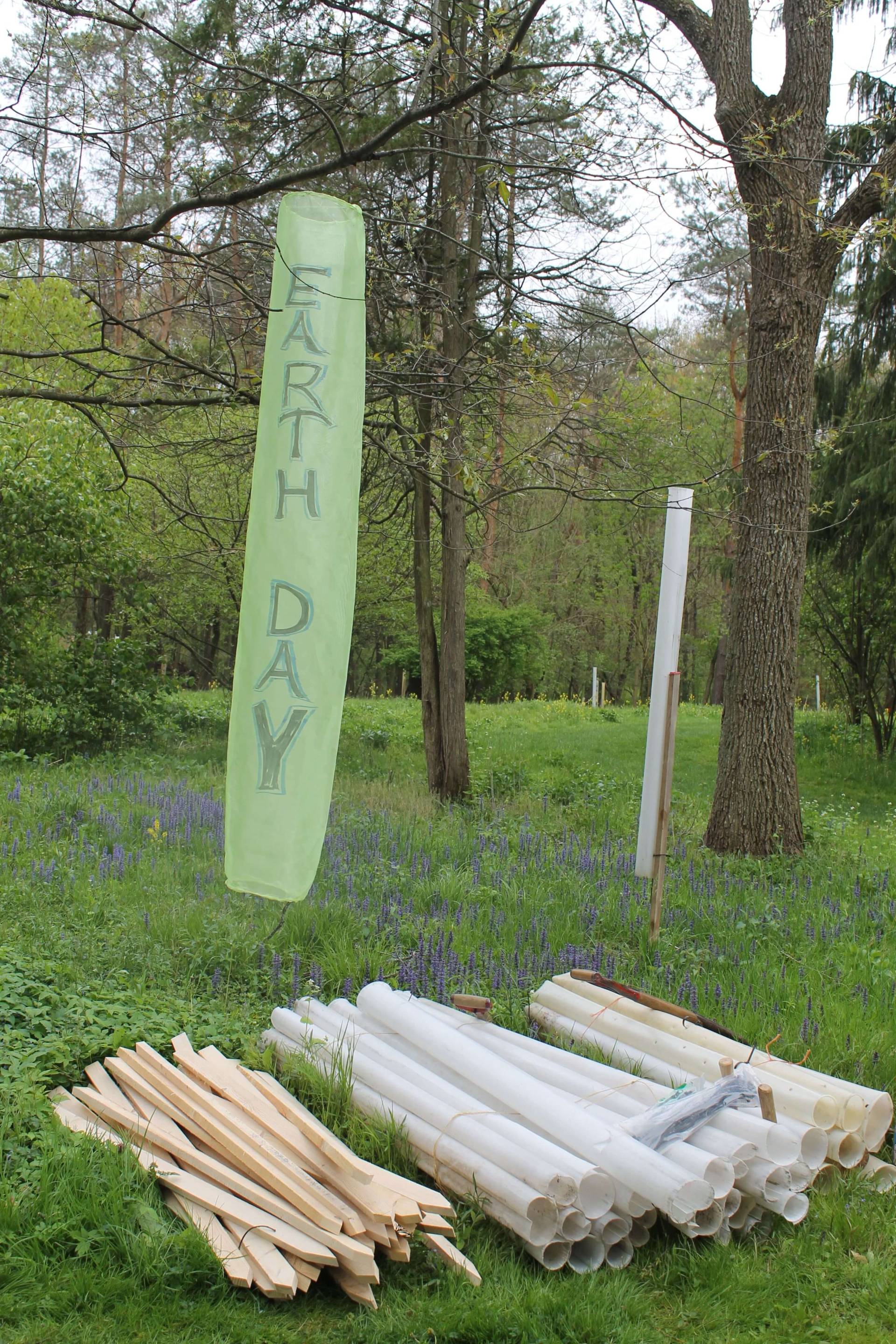 A tree painted green with 'EARTH DAY' written vertically on it.