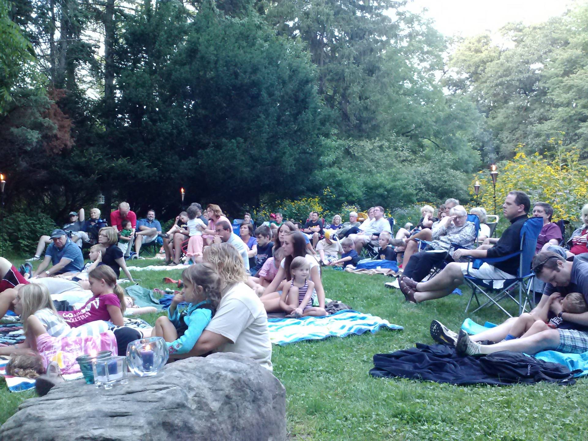 People gathered outdoors on a grassy area, enjoying a sunny day.