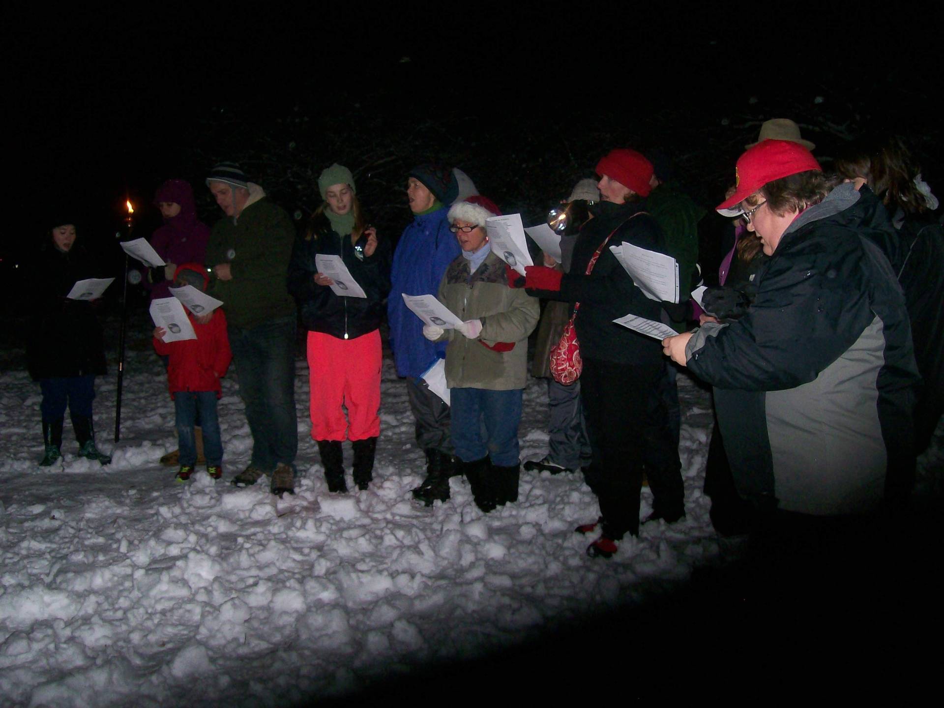 Group of people caroling outdoors in snowy night.